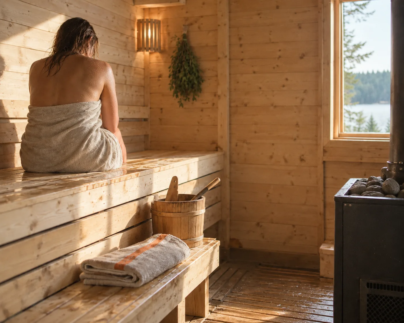 Sauna scandinave : une personne assise de dos sur le banc, seau et serviette au premier plan