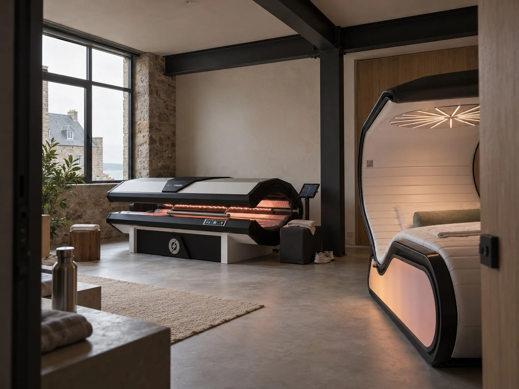 Suite de technologies de r&eacute;cup&eacute;ration en pierre et bois : un lit de photobiomodulation &agrave; lumi&egrave;re rouge et une capsule de neuro-relaxation, devant une grande baie sur Saint-Malo