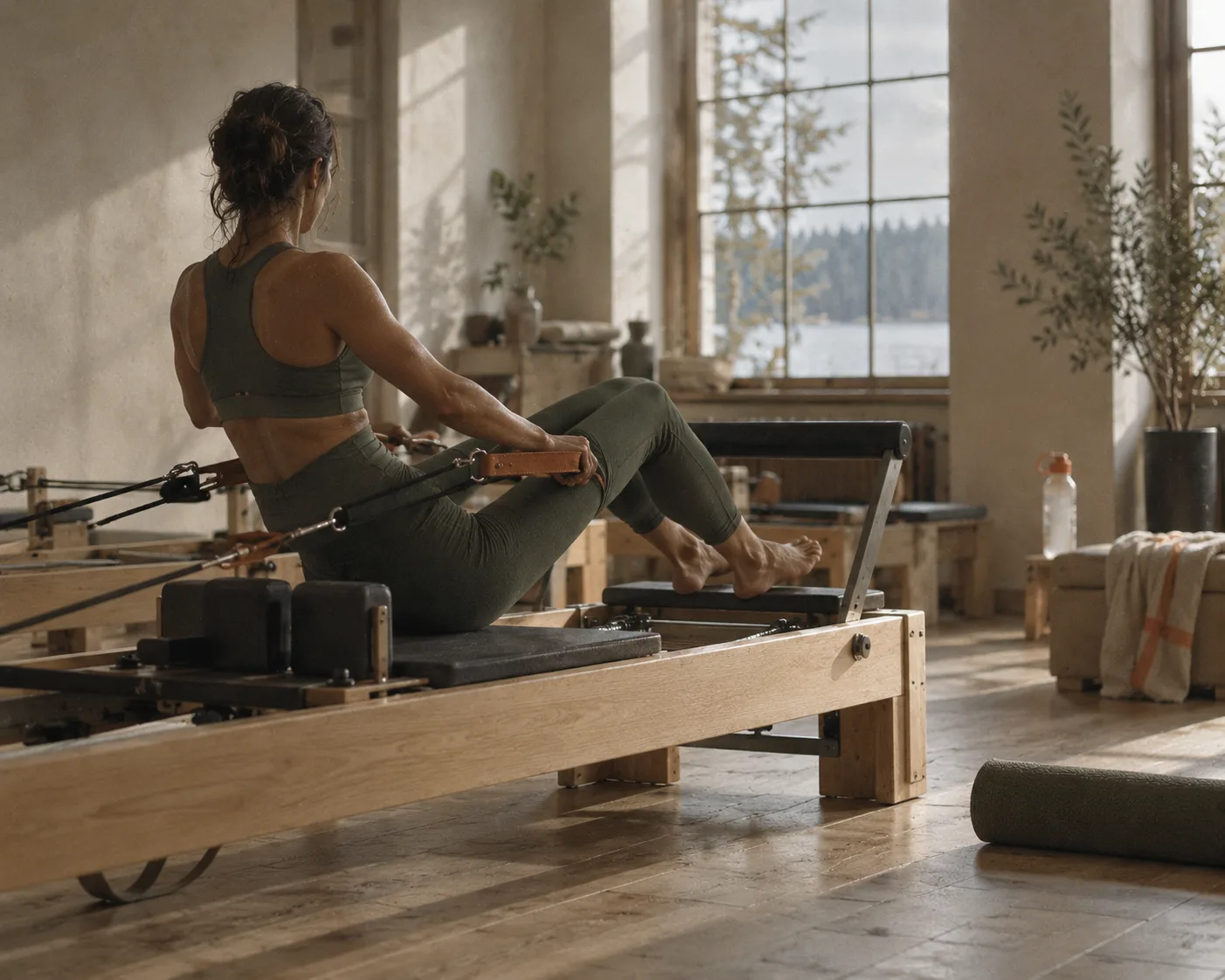 S&eacute;ance de Pilates sur Reformer dans un studio lumineux, pratiquante de dos