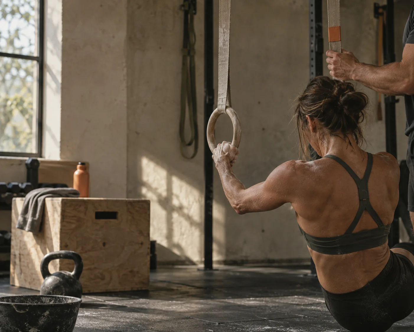 Renforcement aux anneaux, un coach tient la sangle, kettlebell et box en bois au sol