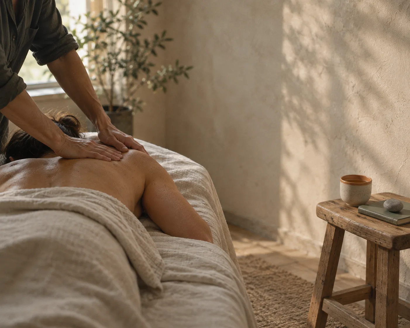 Massage du haut du dos sur une table de soin, tabouret en bois avec une tasse et un galet