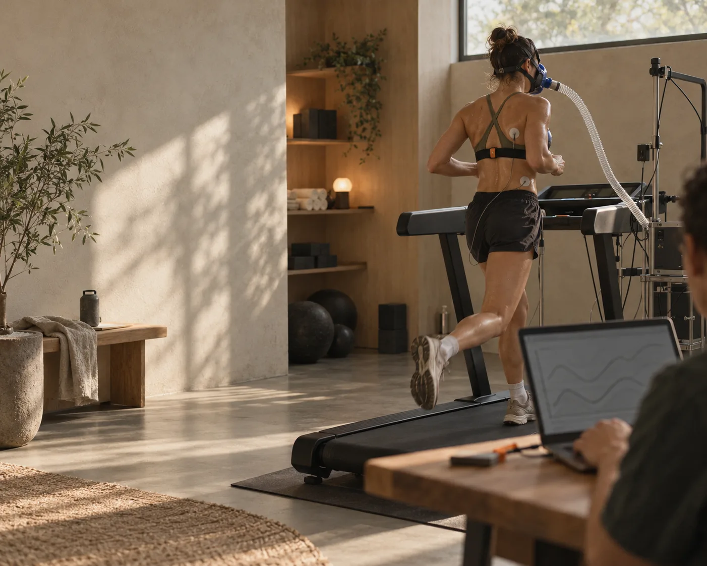 Test d&rsquo;effort sur tapis avec masque, &eacute;lectrodes et suivi des courbes sur ordinateur
